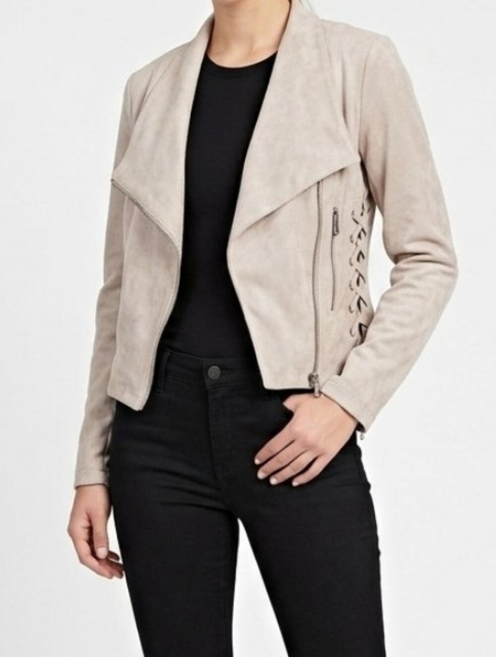 Willow Root Womens Stretch Faux Suede Coat Beige Assymetric Zip Long Sleeve XS